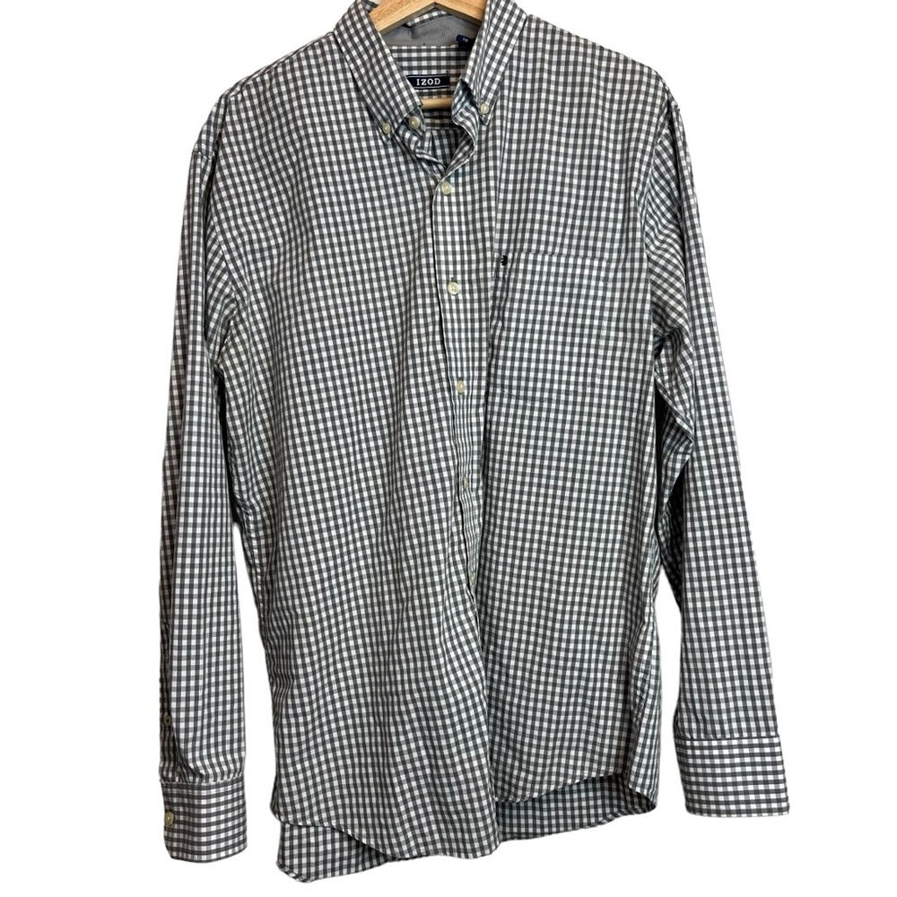 Izod Gray White Gingham Button Down Long Sleeve S… - image 1